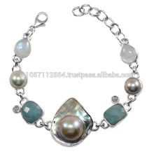 Antique Aquamarine Rainbow Moonstone &amp; Blister Pearl Gemstone avec pendentif en argent sterling Jewelry